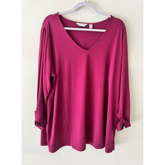 Susan Graver Top Womens 2X Purple Everyday Liquid Knit Roll Tab Sleeve Blouse - Picture 1 of 12